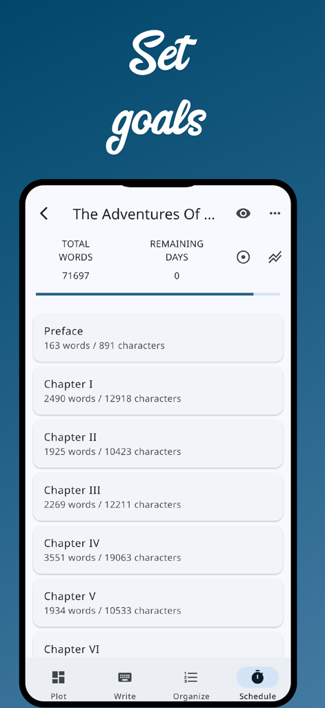 Interface of the Novelist app showing writing goals and chapter word count tracking.