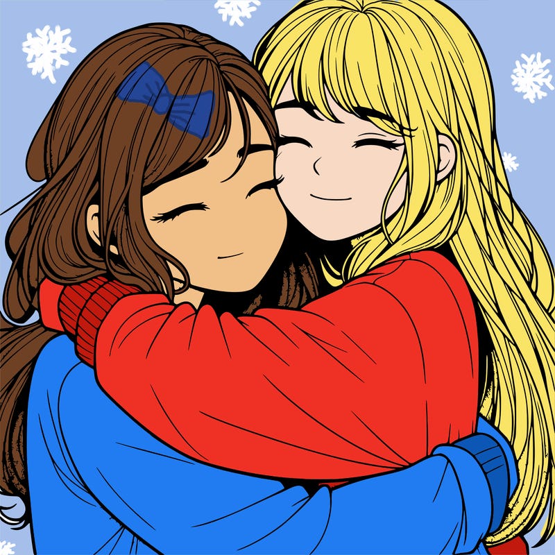 realistic two girls hugging