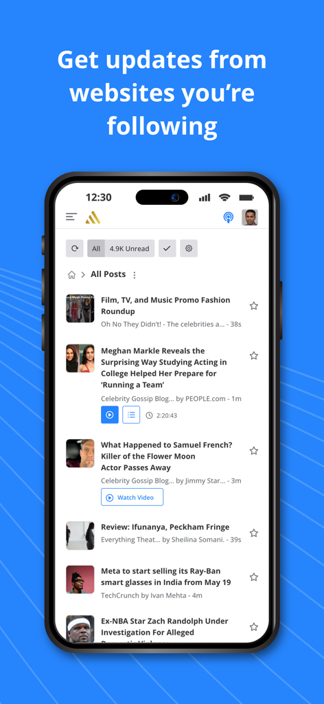 Pantalla del iPhone mostrando el feed de noticias de la aplicación Feedspot Reader con actualizaciones seleccionadas de sitios web seguidos