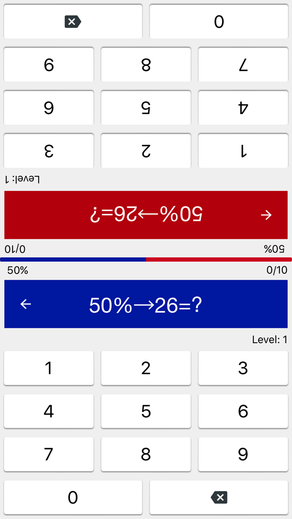 Gioco di calcolo mentale a schermo diviso per due giocatori che calcolano il 50 percento di 26
