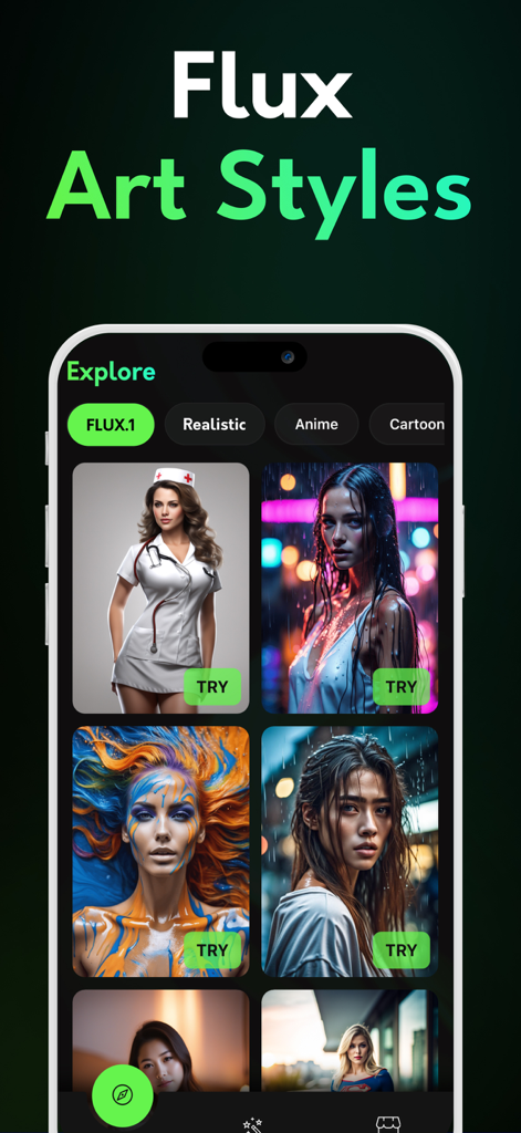 Mobile interface showing the explore section of FLUX AI app with various art styles and generated portraits.