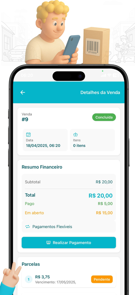 Caixinha - Interface do aplicativo móvel Caixinha mostrando detalhes de vendas, resumo financeiro e status de pagamento parcelado para uma transação de pequeno negócio.