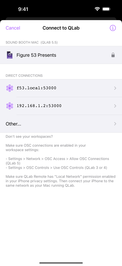 QLab Remote - The connection screen of the QLab Remote app showing available workspaces and network address options.