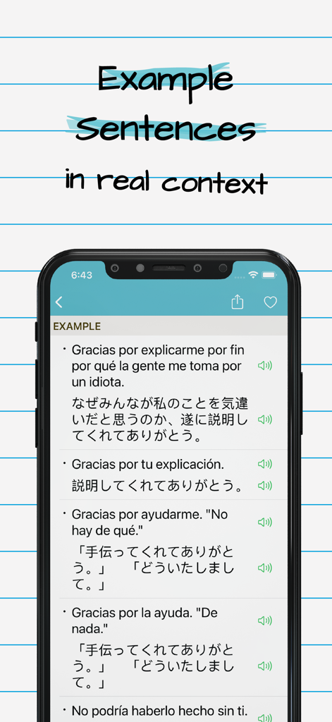 Japanese Spanish Dictionary + - La interfaz muestra ejemplos de traducción de español y japonés con iconos de reproducción de audio.