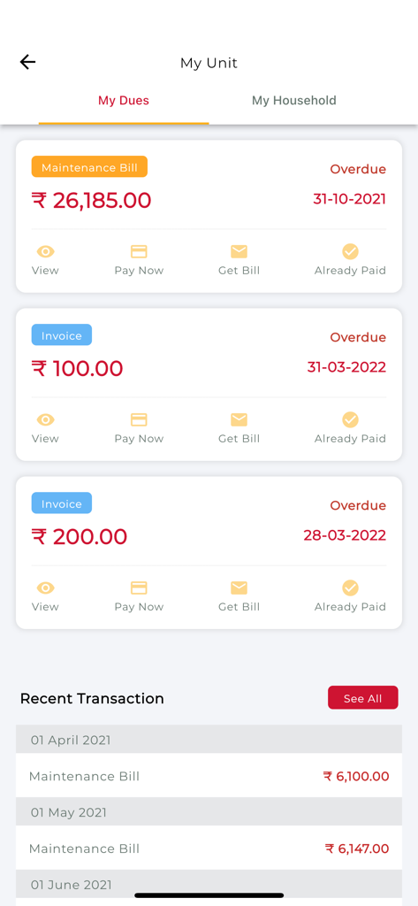 Saraswat Bank Society Connekt - Interfaccia dell'app Saraswat Bank Society Connekt che mostra le fatture di manutenzione scadute e la cronologia delle transazioni recenti per un'unità immobiliare.