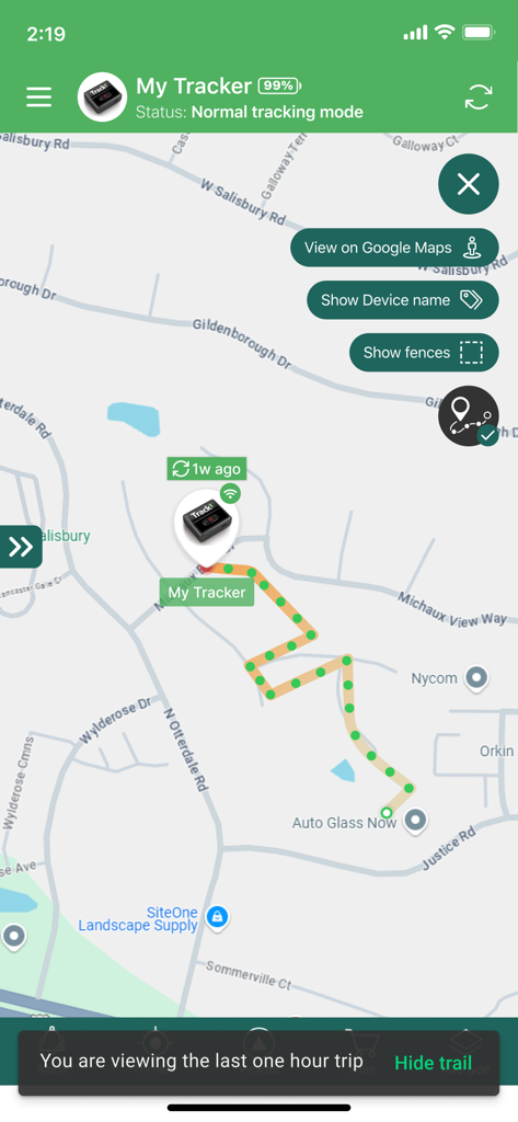 Tracki GPS app map view showing the location history and movement trail of a tracked device