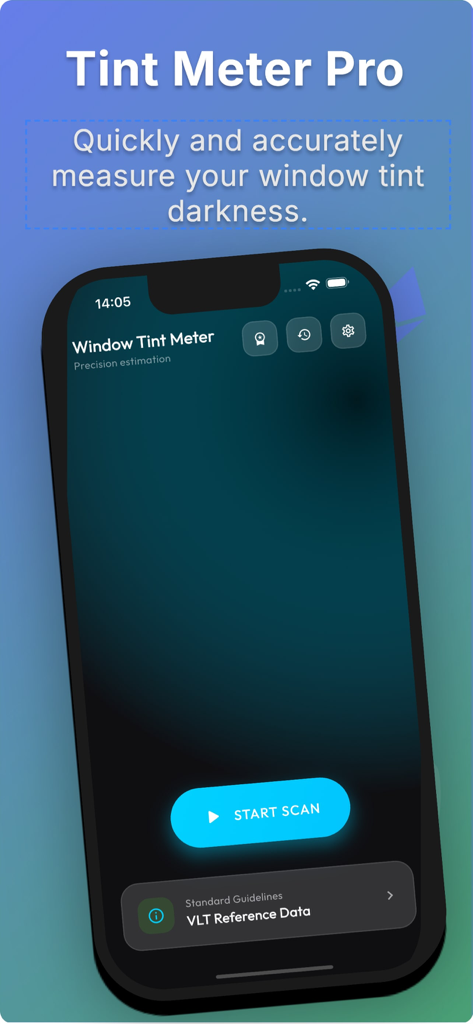 Window Tint Meter – VLT Meter - 윈도우 틴트 미터 프로 앱의 인터페이스가 시작 스캔 버튼과 창 투명도 측정을 위한 VLT 참조 데이터를 보여줍니다.