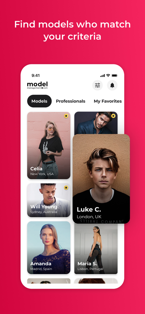 Mobile app screen showing a grid of model profiles with names and locations for casting and recruitment