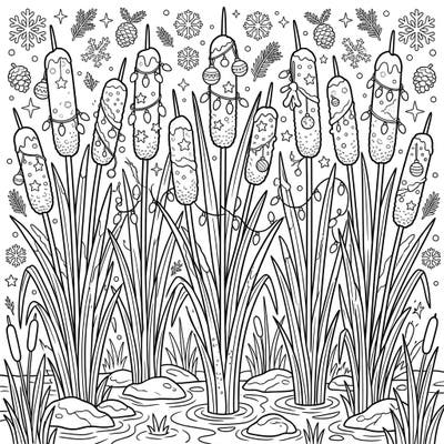 Discover a wonderfully unique holiday scene with our Christmas Cattails coloring page. These charming aquatic plants are beautifully decorated with festive lights and ornaments, ready for your artistic flair.