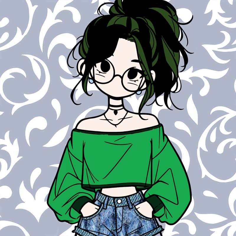 girl with a messy ponytail glasses a baggy crop top and jean shorts