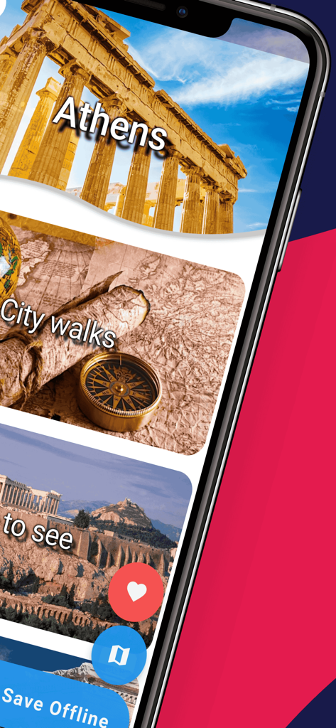 ATHENS Guide Tickets & Hotels - 도시 산책 및 관광을 포함한 아테네 여행 옵션을 보여주는 모바일 앱 화면