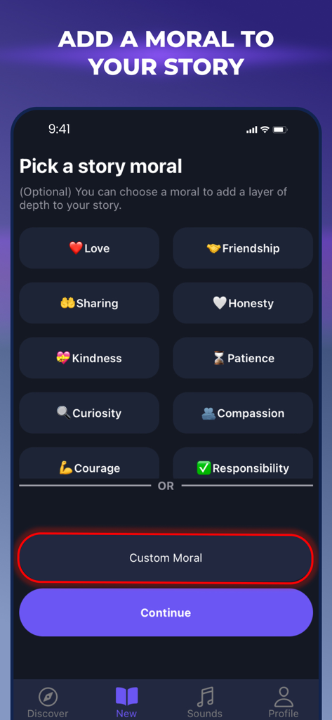 TaleAI: Bedtime Stories - Interface of TaleAI app showing options to pick a story moral like kindness, honesty, and friendship for a personalized bedtime story