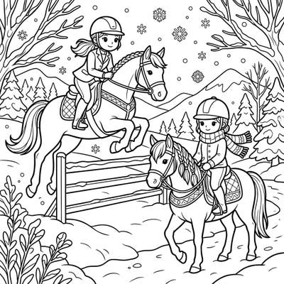 Embrace the thrill of winter horse riding with this delightful coloring page featuring two young equestrian athletes. Explore a snowy landscape filled with charming details, perfect for a creative coloring session.