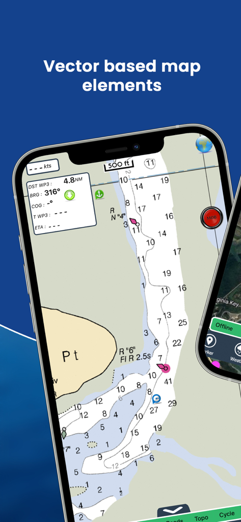 AIS Maps: Marine & Lake charts - モバイル画面。水深コンターと船舶追跡を備えた詳細なベクトル海図が表示されています。
