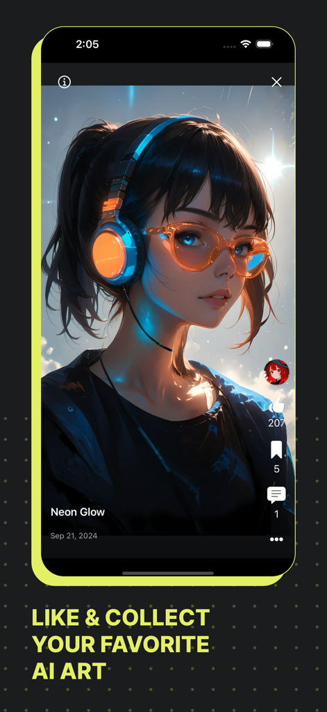 Moescape app interface showing an AI generated anime girl with glowing headphones and social interaction buttons