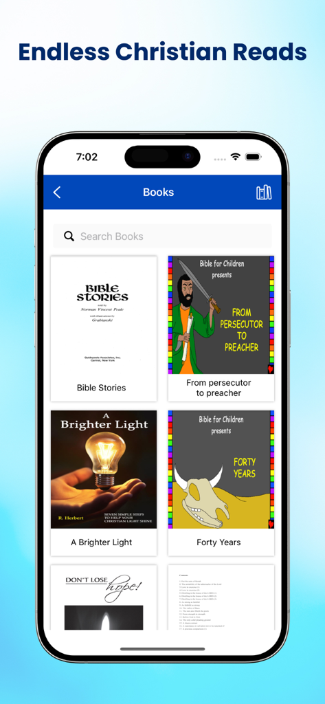 A library interface of the Hebrew Bible Offline app showing a collection of Christian books and religious stories for children and adults.