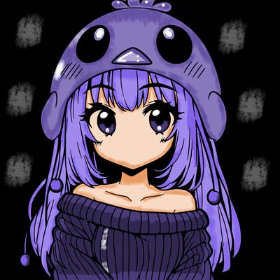 anime girl with chick shaped hat with sweater with bare shoulders with bangs covering them one eye with low tail
