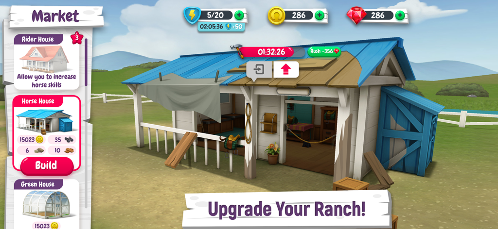 My Horse Stories - ゲーム「マイホースストーリー」のランチマーケット画面。馬の厩舎を建設およびアップグレードするオプションが表示されている