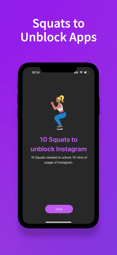 StepBloc: Screen Time Blocker - StepBloc app screen requiring 10 squats to unlock Instagram usage