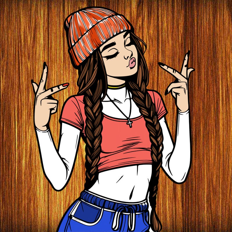 realistic teenage girl with braids and a beanie and crop top doing 🫶🏼