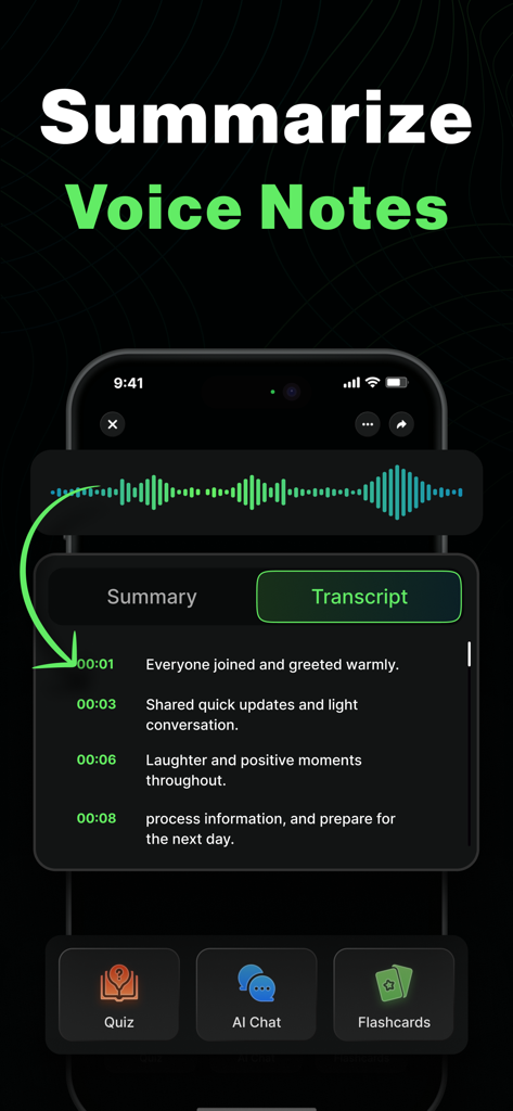 AI Note Taker- Meeting Minutes - A smartphone interface displaying a voice note being transcribed into a summary with timestamps.