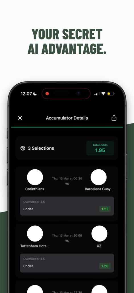 Oberfläche der footyAI-App, die Details zu Fußball-Kombiwetten mit KI-gestützten Spielvorhersagen und Wettquoten anzeigt