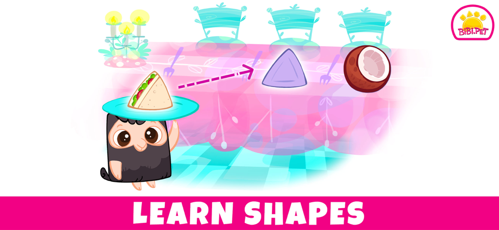 Bibi Toddler Learning Games 2+ - Bibi.Pet character matching a triangle-shaped sandwich to its outline in a restaurant themed educational game