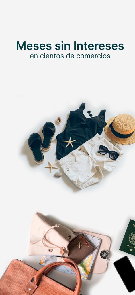 Stori - Crédito y Ahorro - Pantalla promocional de la aplicación Stori mostrando artículos de viaje y opciones de pago sin intereses en español.