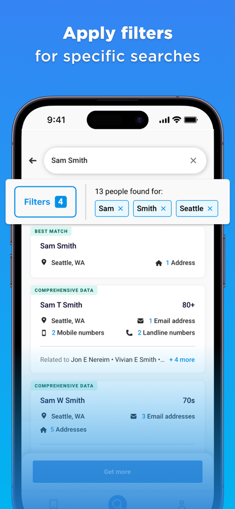 Whitepages Search, Find People - Whitepages app screen showing filtered search results for a person in Seattle with addresses and contact information