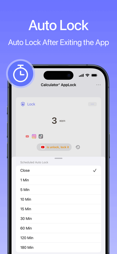 Interface of the Calculator AppLock app showing auto lock time settings for hidden apps.
