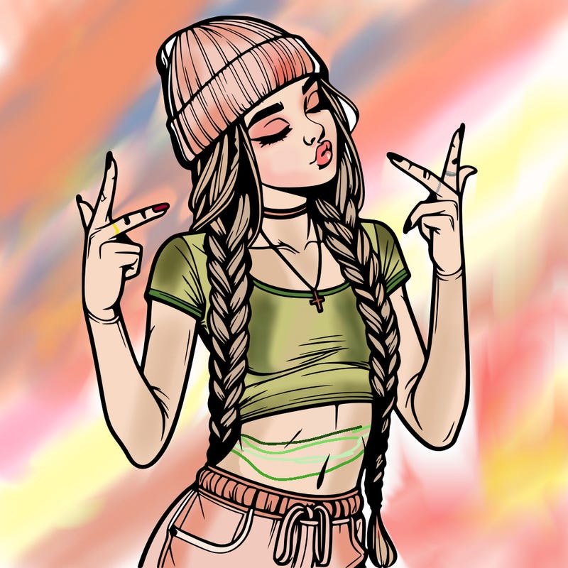 realistic teenage girl with braids and a beanie and crop top doing 🫶🏼