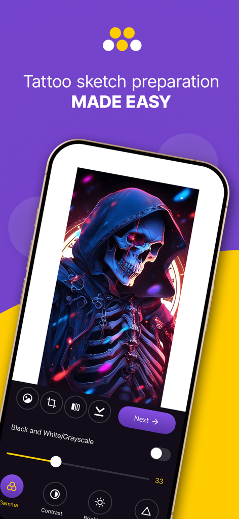 Smartphone screen displaying a hooded skeleton tattoo design with sketch preparation tools and sliders