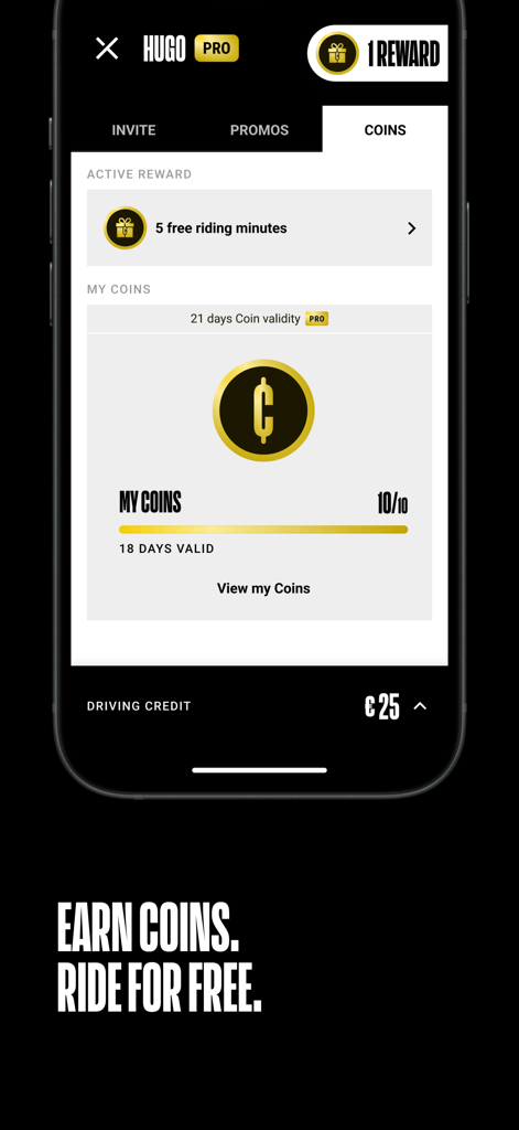Check app interface showing rewards screen with earned coins and free riding minutes reward.