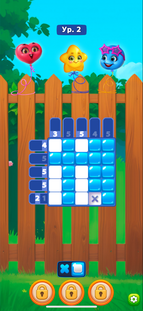 Nonogram Seasons: Pixel Puzzle - A colorful 5x5 nonogram puzzle grid with cute balloon characters and a garden background.