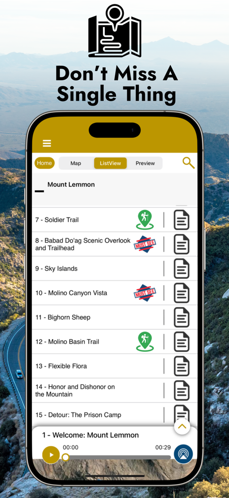 Mount Lemmon GPS Audio Tour - Mount Lemmon GPS Audio Tour app interface showing a list of scenic stops and an integrated audio player.