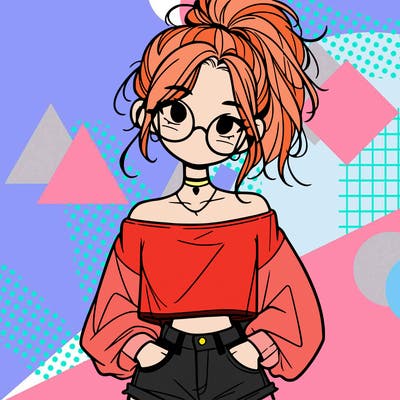 girl with a messy ponytail glasses a baggy crop top and jean shorts