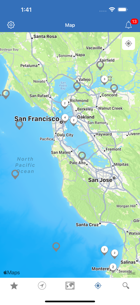 NOAA Buoys Live Marine Weather - Map view of the San Francisco Bay Area showing locations of NOAA weather buoys