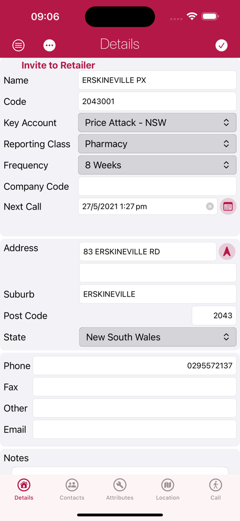 Purveyance - A detailed retailer profile in the Purveyance app showing account information, pharmacy classification, and contact details for a business location.