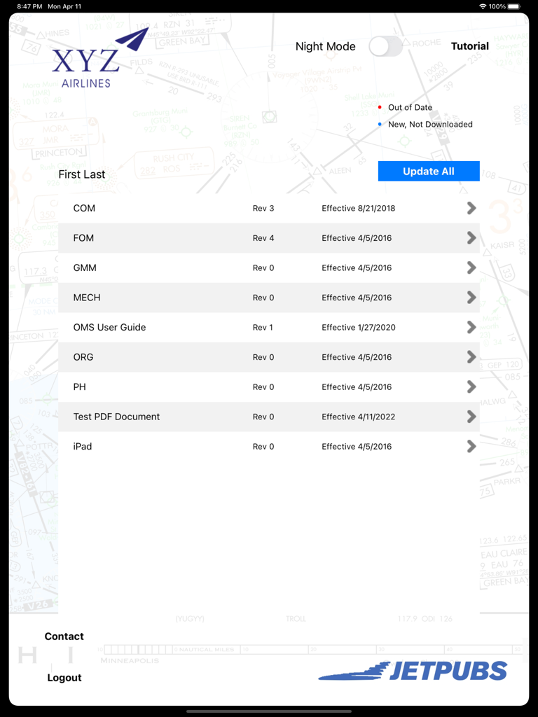 JETPUBS - iPad interface showing a list of aviation manuals with revision numbers and effective dates in the JETPUBS app