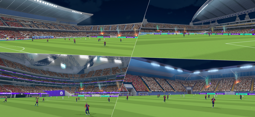 Football League™ 2025 - In-game screenshots of Football League 2025 showing players on a green pitch in a large 3D soccer stadium with realistic lighting