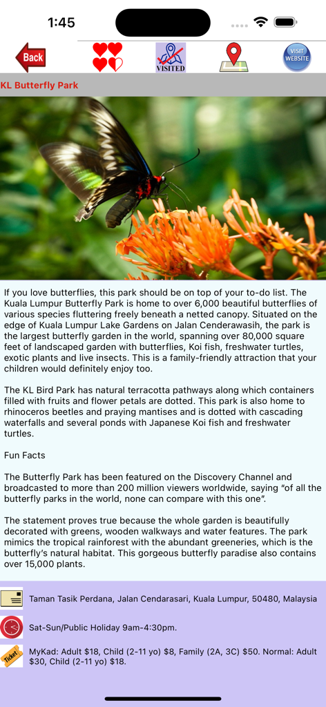 Visit MalaysiaアプリのKLバタフライパークの詳細画面。蝶の写真と訪問者情報が含まれています。