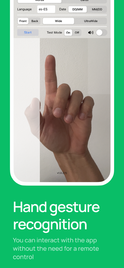 CardPhone - A hand showing an index finger for gesture recognition within the CardPhone app interface.