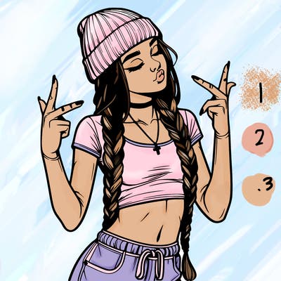 realistic teenage girl with braids and a beanie and crop top doing 🫶🏼