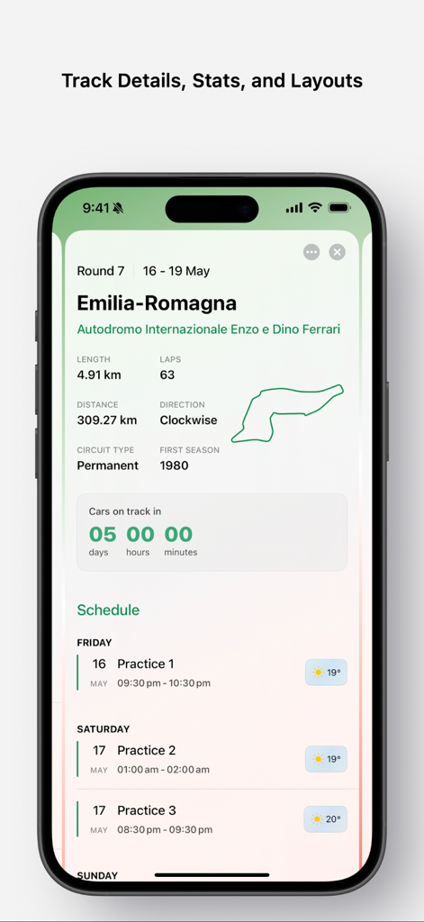 Formula Apex 앱 인터페이스로, 에밀리아 로마냐 그랑프리의 F1 트랙 통계 및 레이스 주말 일정을 표시합니다.