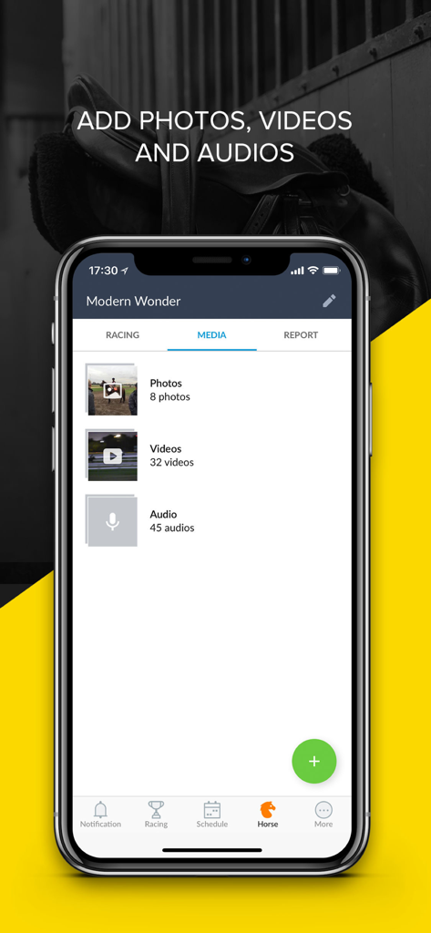Prism - Horse Management - Prism app screen for adding and viewing horse photos, videos, and audio updates.