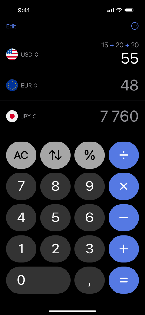 Interfaz de la aplicación Convertidor de Divisas Super que muestra las tasas de cambio para USD EUR y JPY con un teclado de calculadora en modo oscuro