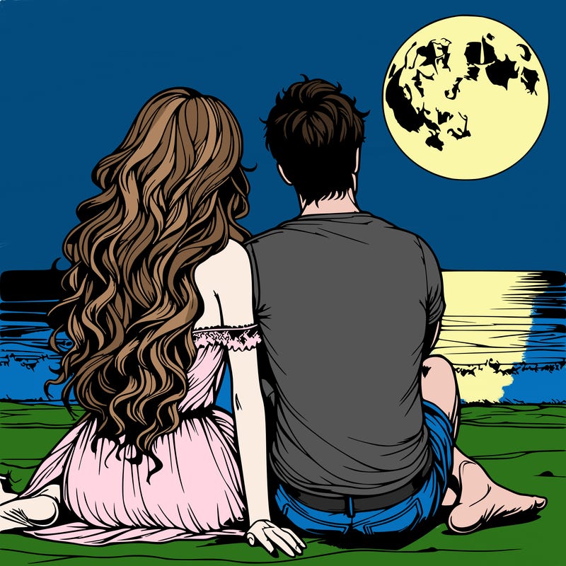 realistic couple on beach sat looking out to sea under the moon woman has long wavy hair man has short hair