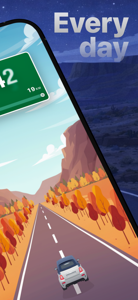 Focus Ride - Deepfocus Timer - A mobile app screenshot showing a car driving on a scenic road with autumn trees and a canyon background, featuring the text Every day.