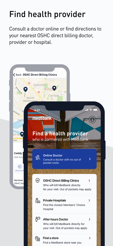 Medibank OSHC app screen showing options to find a health provider and a map of direct billing clinics