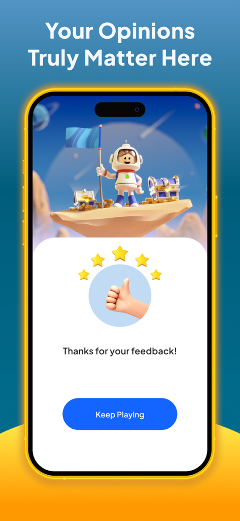 Playtest Pro - A Playtest Pro app screen displaying a thank you message for user feedback with a 3D astronaut character and a five star rating